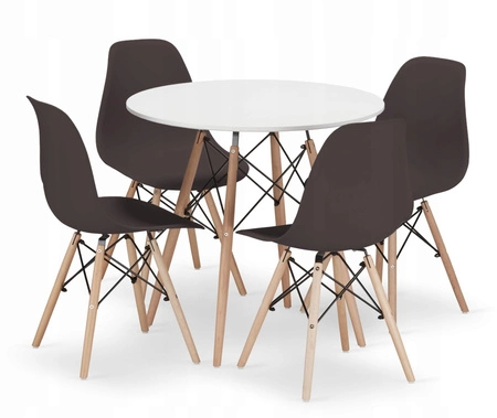 Zestaw stół okrągły TODI 80 biały + 4 krzesła OSAKA kawowe