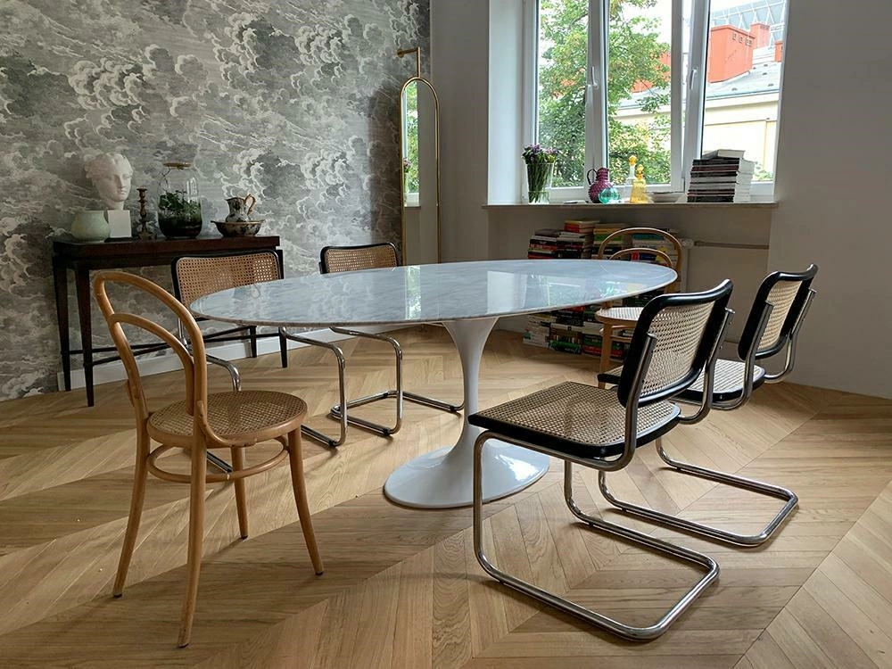 Stół TULIP ELLIPSE MARBLE CARRARA biały - blat owalny marmurowy, metal